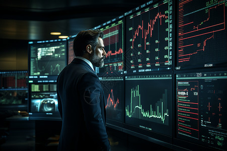 股票趋势图前的商务男子背景图片