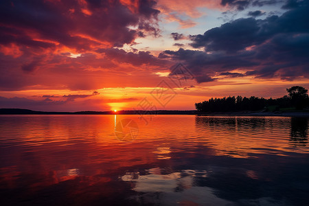 橙色的湖畔夕阳图片