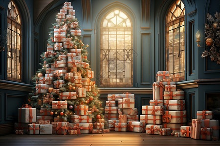 房间内的圣诞树与礼物背景图片