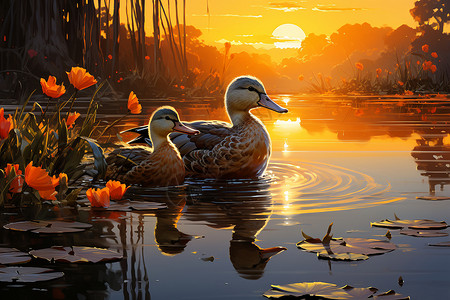 芦苇塘夕阳下的鸭塘插画
