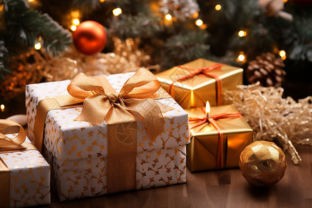 礼品盒包装桌子上的装饰球和礼品背景