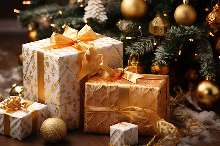 圣诞树丝带圣诞树摆满礼物和装饰背景