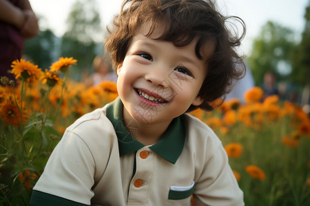 雏菊丛里的小男孩背景图片