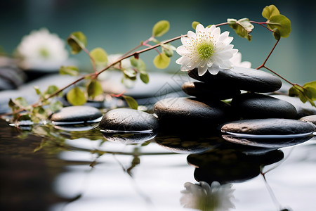 水边石头上的落花背景图片