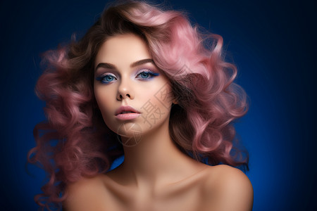 粉色卷发搭配蓝色眼影背景图片