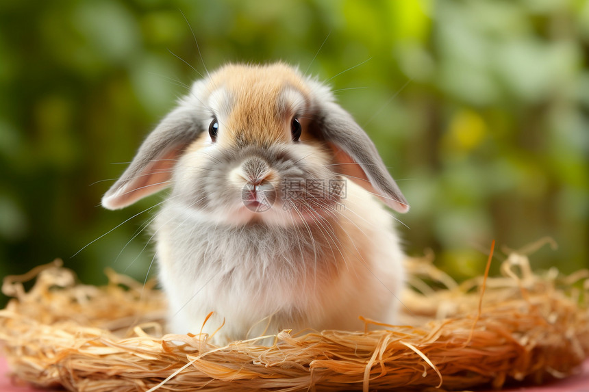 可爱的小兔子在草堆上图片