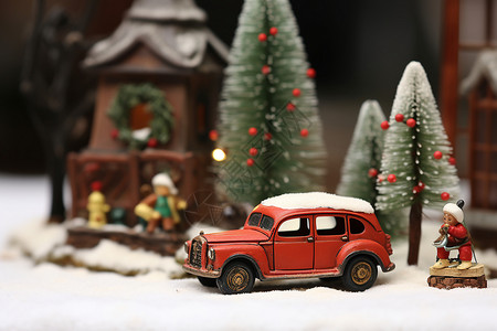 可爱圣诞场景圣诞树上的红色车辆背景