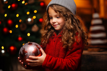 装饰圣诞树的小女孩背景图片