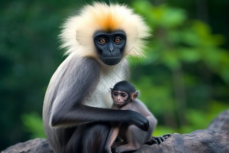 穿猴子装婴儿岩石上的母猴与猴宝宝背景