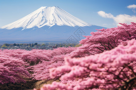 蓝天下的富士山和樱花图片