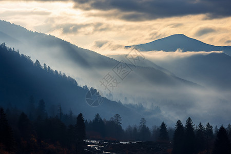 山中的雾山中迷雾中的美景背景
