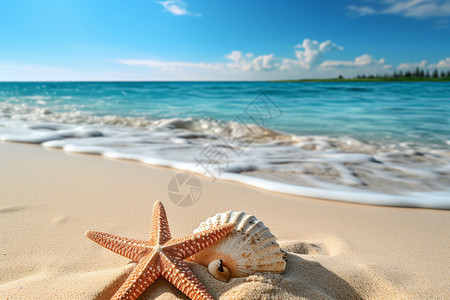 沙滩上的贝壳和海星背景图片