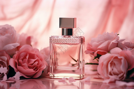 粉色花朵旁的香水背景图片