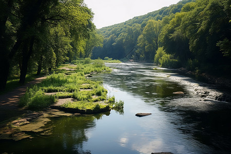 河流穿越树林图片