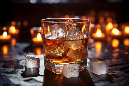 透明冰块一杯带冰块的威士忌背景