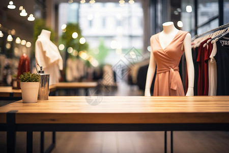 商业橱窗桌子后的零售服装背景