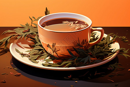 迷迭香茶桌子上的绿叶茶插画