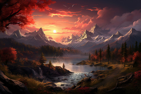日落山河红色云霞下的河流插画