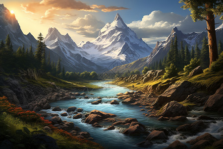 红磨砂背景连接雪山的河流插画
