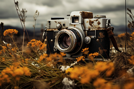 花朵与相机背景图片