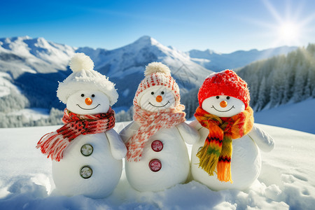 冬天堆雪人海报雪地上的三个雪人背景