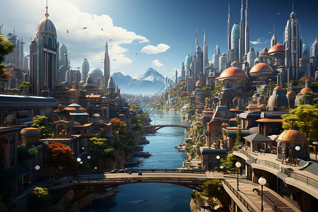 河边的城市背景图片
