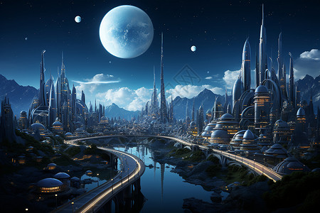 河边的未来感城市背景图片