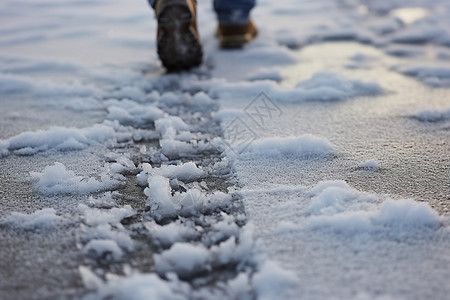 行走脚印冰雪里行走背景
