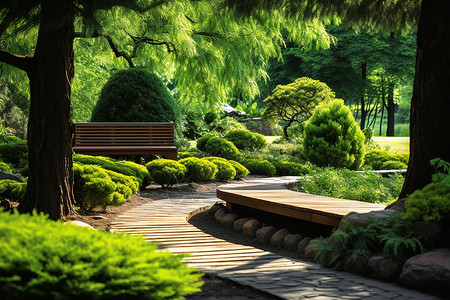 庭院造景绿荫如画的公园背景