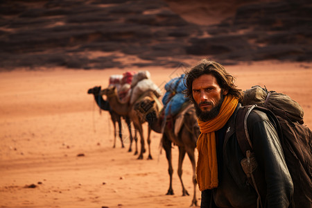 沙漠中的背囊人图片