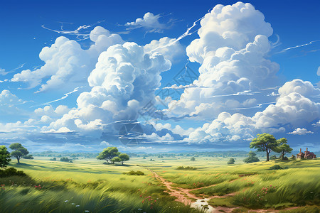 油画草原蓝天白云下的乡村风光插画