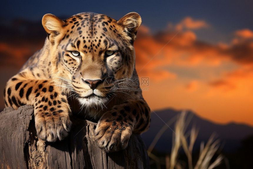 日落时分一只豹子图片