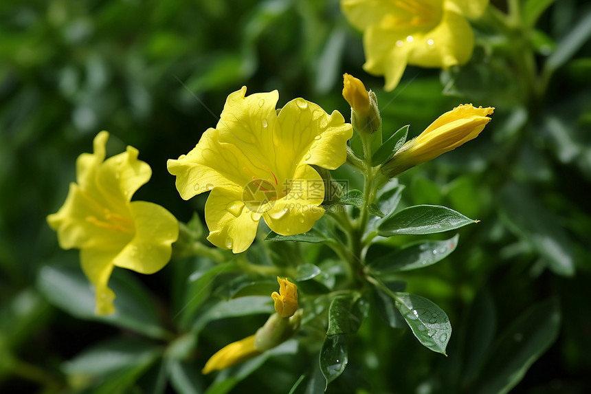 绿叶间的黄色花朵图片