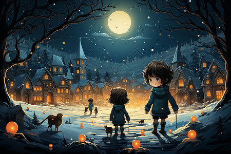 拨开云雾见月明雪夜童话月明下孩子们与狗独行于雪野奇树旁插画