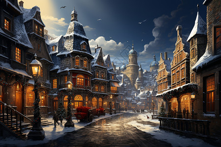 雪中小城冬天城市街道夜晚下雪景色插画高清图片