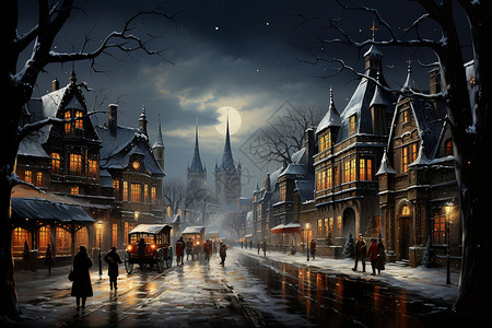 小城夜景满月下的小城街道插画