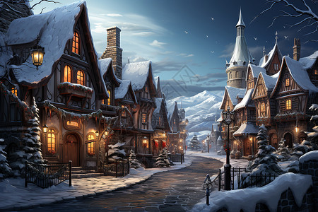 雪夜中的童话村庄图片