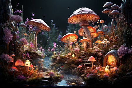 林中蘑菇蘑菇林中的河流设计图片