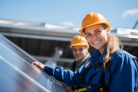 女士工作服安装太阳能的工人背景