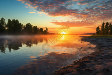 清晨湖泊上的日出高清图片