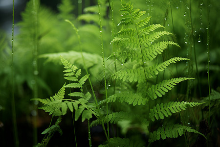 植物绿叶和茎上布满了水滴高清图片