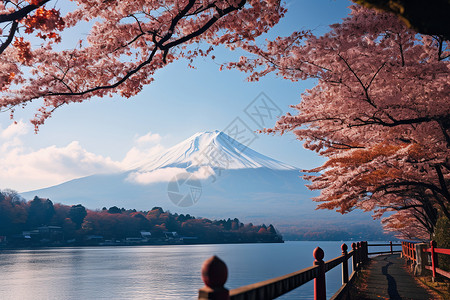 河口湖站山下的秋日美景背景