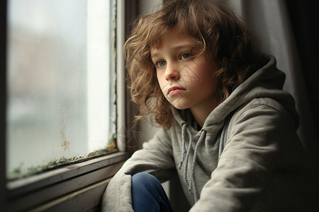 孩子紧张孤独的孩子望窗外背景