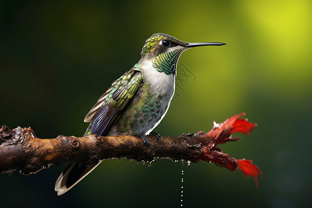 红尾慧星蜂鸟绿树上的红胸蓝喉蜂鸟背景