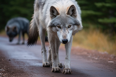 两只狼在林间小路上漫步图片