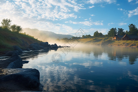 山林湖畔风景画湖畔迷雾中的湖泊背景