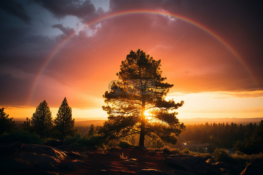 彩虹下的树林图片