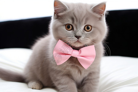 可爱的猫咪戴着粉色蝴蝶结高清图片