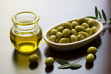 桌子上的植物桌子上的橄榄和橄榄油背景