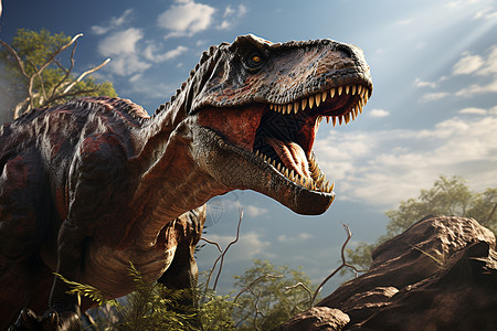 澳洲大岩石荒野中张着大嘴的恐龙插画